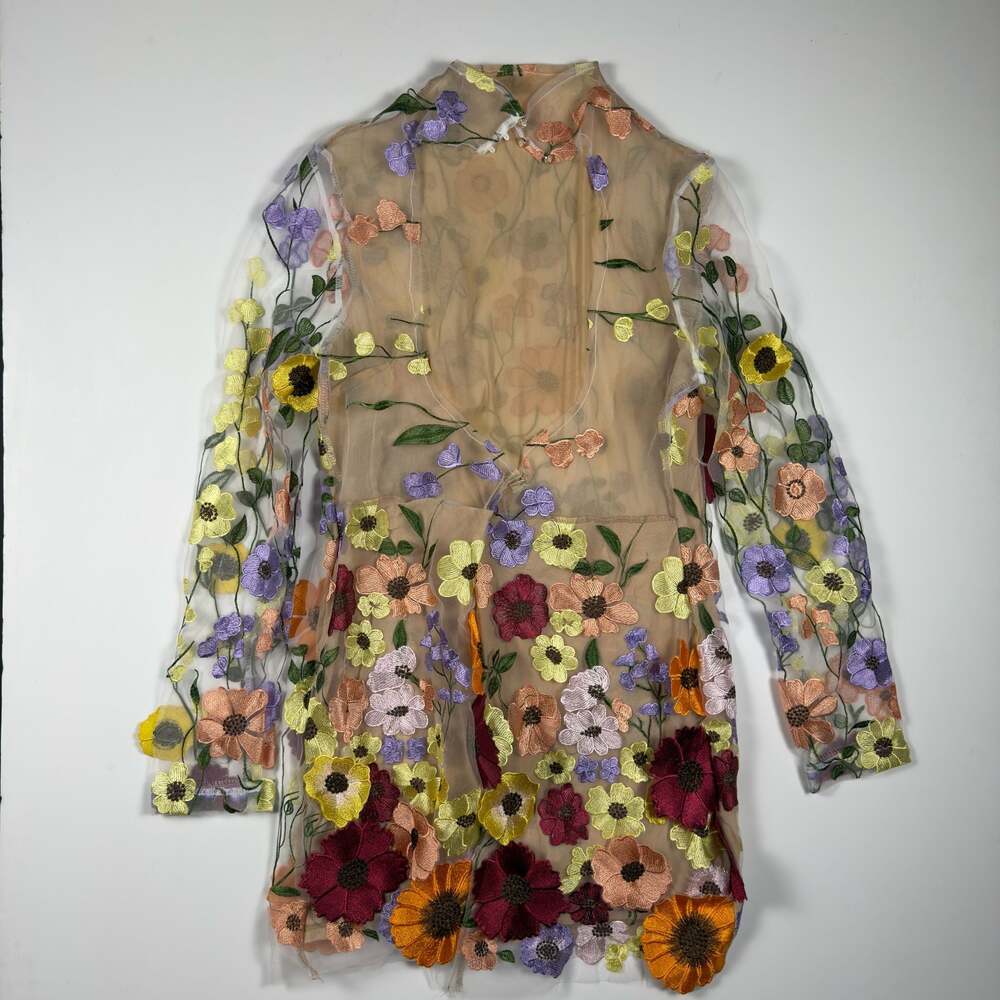 Nude Floral Embroidered Sheer Open Back Mini Dress